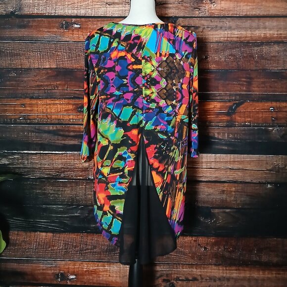 Peck & Peck Top PL Large Petite Hi Low 3/4 Sleeve Sheer Back Colorful Tunic - Picture 3 of 8